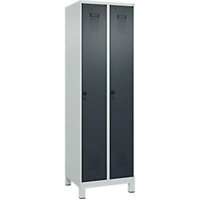 C+P Evolo Plus garderobekast, 2 vakken, 300 mm breed, met poten, veiligheidsdraaistang, B 600 x D 500 x H 1950 mm, lichtgrijs/antracietgrijs