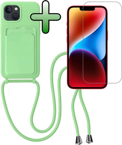 Hoes Geschikt voor iPhone 13 Hoesje Pas Houder Case Hoes Met Koord Met Screenprotector - Hoesje Geschikt voor iPhone 13 Hoes Met Telefoonkoord Pasjeshouder Cover - Groen