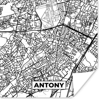 Poster Plattegrond - Antony - Kaart - Frankrijk - Stadskaart - Zwart wit - 100x100 cm XXL