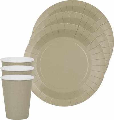 Santex feest/verjaardag servies set - 10x gebaksbordjes en bekertjes - taupe - karton