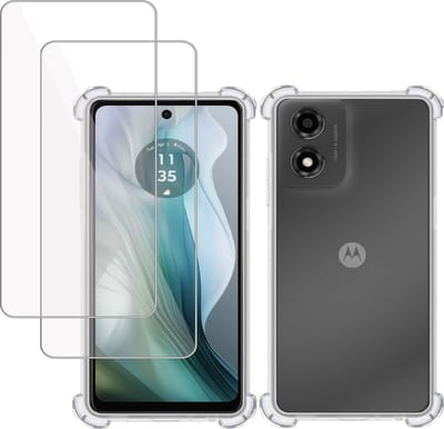 Hoesje + 2x Screenprotector geschikt voor Motorola Moto E14 / Moto G04 / Moto G24 – Tempered Glass - Extreme Shock Case Transparant