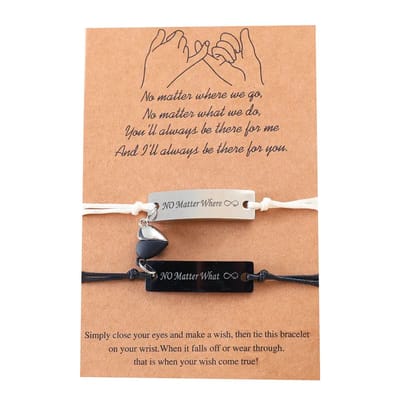 Vriendschapsarmbandjes voor 2 met Magnetisch Hartje "No Matter Where, No Matter What" - Zwarte & Witte Bandjes - BFF Armband op Cadeau kaartje - Pax Amare
