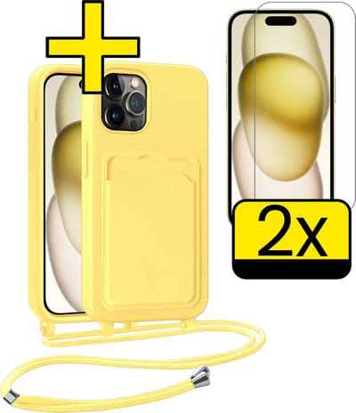 Hoesje Geschikt voor iPhone 14 Pro Telefoonhoesje Met Koord Case Pashouder Met 2x Screenprotector Siliconen - Hoes Geschikt voor iPhone 14 Pro Hoesje Met Kaarthouder - Geel