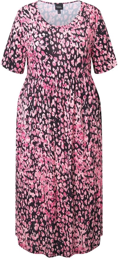 Ulla Popken - Dames - Maxi-jurk luipaardmotief A-lijn ronde hals korte mouwen - Roze - Maat 54+