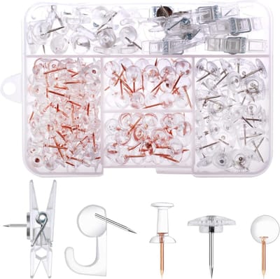 235 Punaises Set - Duimkoppen Kopspijkers - Prikbord Decoratie - 5 Verschillende Stijlen - Plastic Roestvrij Staal - Transparant Rose Goud