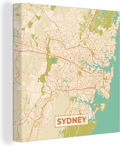 Canvas Schilderij Sydney - Vintage - Plattegrond - Stadskaart - Kaart - 20x20 cm - Wanddecoratie