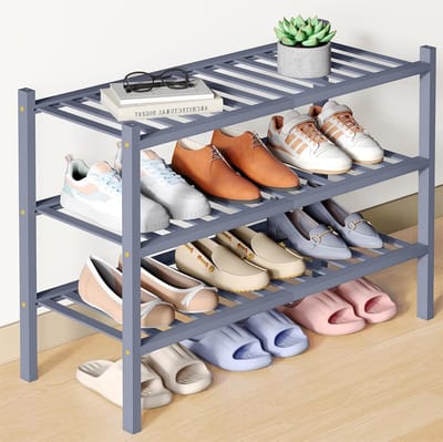Homaxy - Schoenenrek (3 niveaus) - Bamboe Schoenenrek - Houten Schoenenkast -Schoenenrek hout - 68x28x46.5cm - Grijs