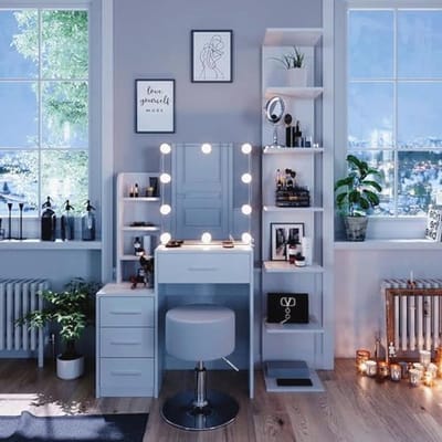 Moderne make-up tafel met LED verlichting en comfortabele kruk - 80 cm
