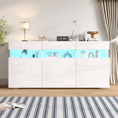 Sideboard 140 cm met LED Verlichting, Transparante Acryl Deuren, Wit Hoge Glans, App-Gestuurd, 7 Opbergvakken, Woonkamer Opbergmeubel