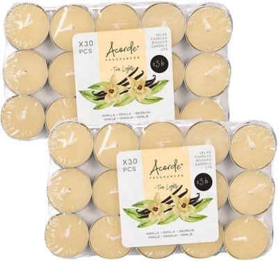 Acorde theelichtjes - vanille geur - 60x - geel - waxinelichtjes/geurkaarsen - 3 branduren
