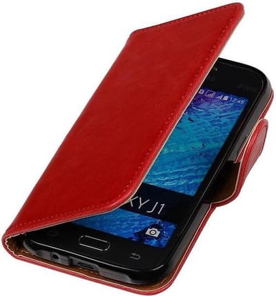 Zakelijke Book Case Telefoonhoesje Geschikt voor de Samsung Galaxy J1 J100F - Portemonnee Hoesje - Pasjeshouder Wallet Case - Rood