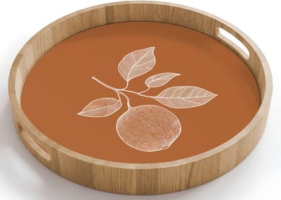 Dienblad rond 40x40 cm - Schootdienblad hout - Sinaasappel - Getekend - Bladeren - Bruin - Borrelplank rechthoek - Plateau houten dienbladen