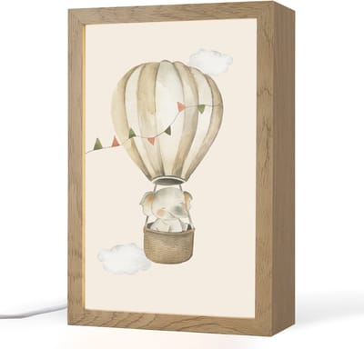 Nachtlampje 20x30 cm - Kinder lampje - Luchtballon - Olifant - Watercolor - Beige - Dieren - Tafellamp kinderkamer - Slaapkamer lamp - Bedlamp kinderen - Kinderlampje stopcontact - Wandlamp babykamer - Nachtlampjes