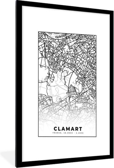Fotolijst incl. Poster Zwart Wit- Frankrijk - Clamart - Plattegrond - Stadskaart - Kaart - Zwart wit - 60x90 cm - Posterlijst