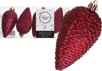 Kerstboom decoratie kerstbal dennenappels donkerrood 6 stuks
