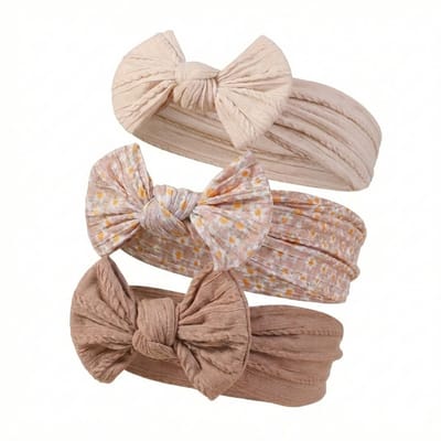Baby haarband set met strik – 3 stuks – zachte elastische haarbanden in beige en bruin tinten – comfortabele baby accessoires voor meisjes