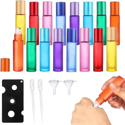 Dailygoods- Rollerfles 10 ml - Set van 16 - Met RVS Rollerbal - Inclusief Opener/Funnel/Druppelaar - Kleur: 8 Kleuren - Lichtgewicht en Herbruikbaar - Essentiële Olie Fles