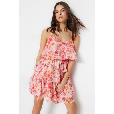 Dames mini-jurkjes met bloemenprint en spaghettibandjes, geschikt voor avondjes uit of dagelijks gebruik, normale pasvorm.