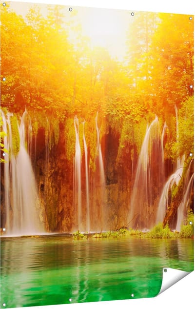 Gards Tuinposter Watervallen bij het Groene Meer met Zon - 120x160 cm - Tuindoek - Tuindecoratie - Wanddecoratie buiten - Tuinschilderij