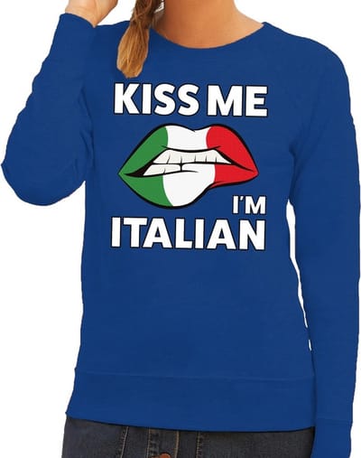 Kiss me I am Italian sweater blauw dames - feest trui dames - Italie kleding XS