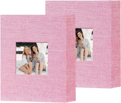 Klein Fotoalbum 6x4 met 50 Pockets, Set van 2, Geschikt voor 100 Verticale 10x15cm Foto's, Ideaal voor Familie, Bruiloften en Babyherinneringen (Roze)