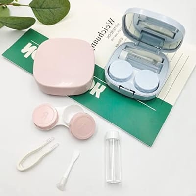Contactlenzenhouder Set van 2, Draagbare Mini Contactlenzen Cases met Spiegel voor Thuis en Reizen, Blauw en Roze