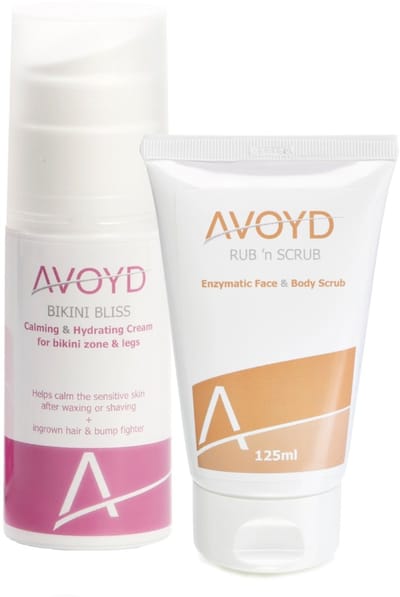 Avoyd Zwangerschapspakket - Set van Avoyd Bikini Bliss 50ml + Avoyd Rub 'n Scrub 125ml - Voor een heerlijk zachte huid zonder scheerirritatie & rode scheerbultjes tijdens de zwangerschap