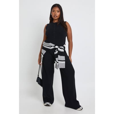boohoo Dames Plus Super Zachte Geribbelde Gebreide Gilet en Wijde Pijpen Broek Co-Ord | Zwart | Maat: 56