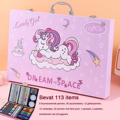 113-Delige Tekenkoffer & Schilderset voor Meisjes - Acrylmarkers, Verf, Glitterpennen & Fineliners