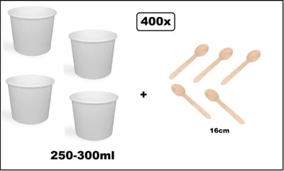 400x Soepbeker wit karton 250-300ml en 400x houten lepel 16cm - Soep salade beker festival warme dranken maaltijd carnaval