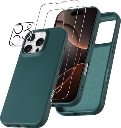 Hoesje Geschikt voor iPhone 16 Pro Max – Zacht siliconen liquid backcover met 2x screenprotectors gehard glas en 1x lens protector – Pine Groen