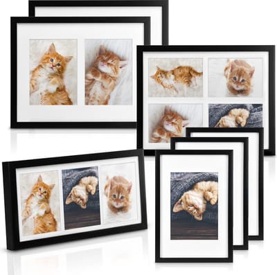 bomoe Galeria fotolijsten set van 7- houten fotolijst met passe-partout & kunststof glazen lijst voor foto's 1x 4 foto's 1 x 3 foto's 2 x 2 foto's 3 x 1 foto - Zwart