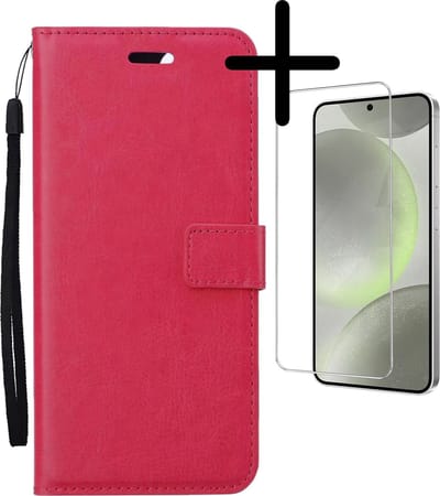 Hoesje Met Screenprotector - Geschikt voor Samsung Galaxy S24 - Luxe Pasjeshouder - Bookcase Portemonee - Flip Case - Kunstleer Book Case - Flipcase - Book Cover - Walletcase - Portemonneehoes - Donkerroze