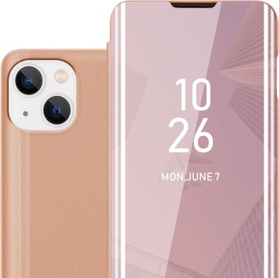Cadorabo Hoesje geschikt voor Apple iPhone 14 in KUNZIET ROZE - Clear View Spiegel Beschermende Case met Tribunefunctie 360 Graden Bescherming Book Case Cover Etui