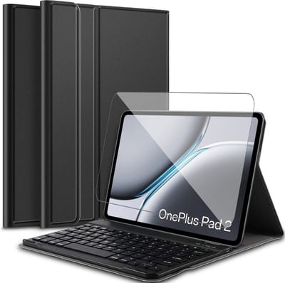 Hoes met toetsenbord geschikt voor Oppo Pad 3 Pro / OnePlus Pad 2 / OnePus Pad Pro 12.1 - Screen Protector GlassGuard - Keyboard Book Case Cover Hoesje Zwart & Screenprotector