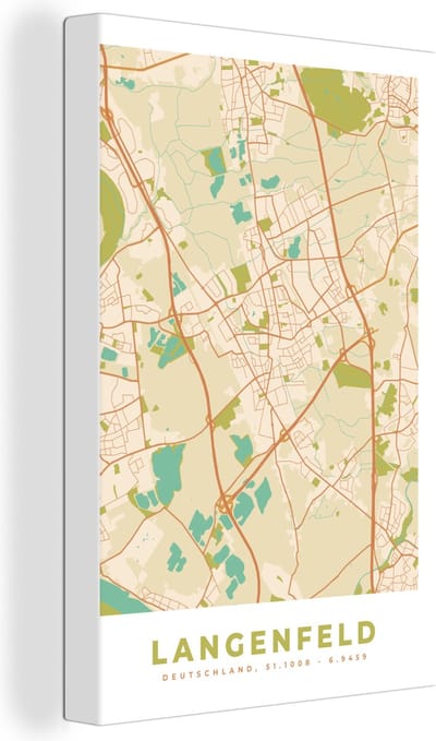 Canvas Schilderij Langenfeld - Vintage - Kaart - Stadkaart - Plattegrond - 20x30 cm - Wanddecoratie