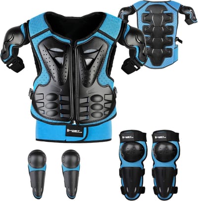 Beschermjas, Kindermotorbescherming met Kniebeschermers Elleboogbeschermers Borstbeschermer Racen voor Buitensporten - Motocross -Skaten -Fietsen- Blauw