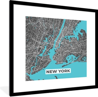 Fotolijst incl. Poster - Stadskaart - Blauw - New York - Plattegrond - Kaart - 40x40 cm - Posterlijst