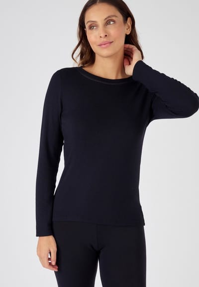 Damart - T-shirt fijngeribd Thermolactyl Sensitive, ronde hals - Dames - Zwart - 50-52 (XL)