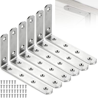 L-vormige wandbeugel set van 6, roestvrijstalen hoekverbinders, 125 x 75 x 20 mm, ideaal voor planken, meubels en hoeksteunen met 36 schroeven