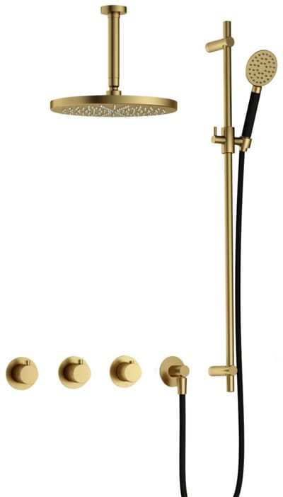 Hotbath Cobber IBS70 inbouw regendoucheset met ronde handdouche aan houder en 30cm ronde hoofddouche aan 15cm plafondarm geborsteld messing PVD