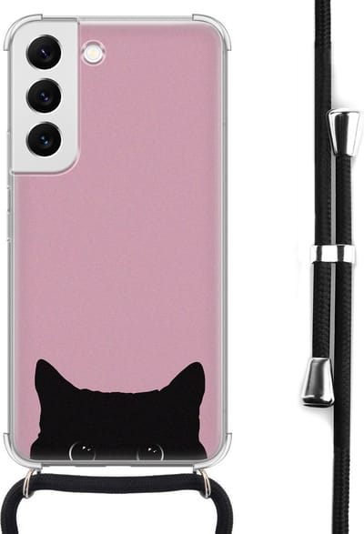 Hoesje met koord geschikt voor Samsung Galaxy S22 - Zwarte kat - Inclusief koord - Crossbody beschermhoes - Transparant, Roze - Mooie Telefoonhoesjes