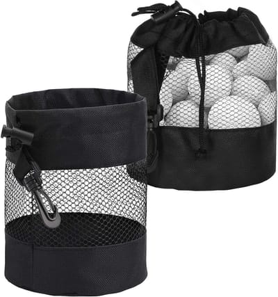 2 Stuks Golfbal Set, Nylon Mesh Golf met Trekkoord, Zwart, 14cm x 14cm x 16.5cm, Ideaal voor Golftraining en Oefeningen