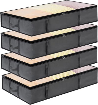 4 stuks 90 l opbergzakken voor onder bed, opvouwbare opbergdoos voor onder het bed met deksels, opbergzakken voor kleding met stevige ritssluiting, PVC-venster, versterkt handvat voor kleding