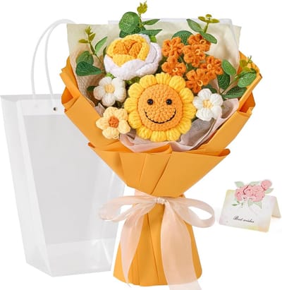 Gehaakt bloemen boeket - Gebreide bloemen - Decoratie huis - Handgemaakt ontwerp - 35 cm lengte - Oranje