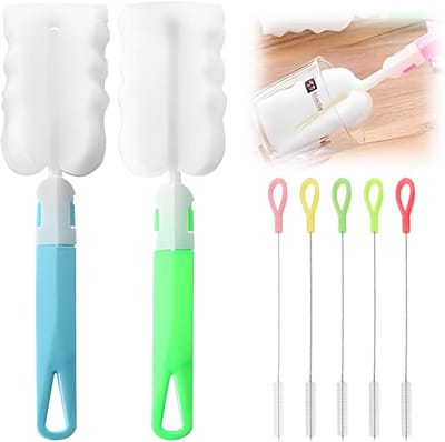 Flessenborstels set - schoonmaakaccessoires - 7 stuks - spons en stroborstels
