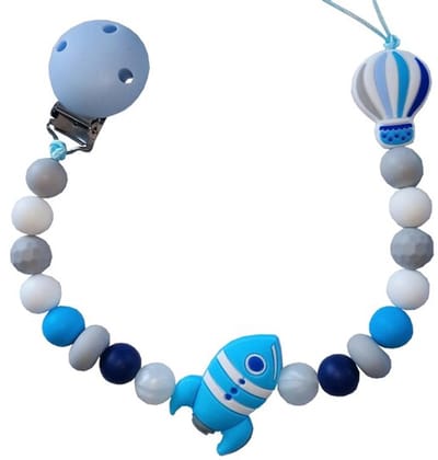 Siliconen speenkoord met raket en luchtballon – Handgemaakt, dubbele draad, BPA-vrij – Blauw tutkoord voor baby