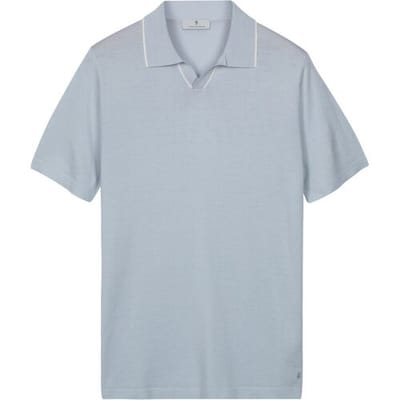 Thomas Maine Polo Pullover Fine Merino Full Needle Rib Placket Contrast Ice Blue / male