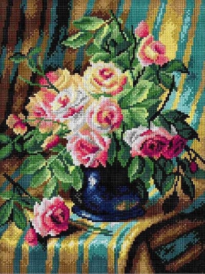 Voorbedrukt stramien - ORCHIDEA 30 x 40 - STILL LIFE WITH PINK ROSES - After Frans Mortelmans (EXCLUSIEF GARENS)