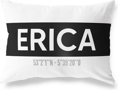 Tuinkussen ERICA - DRENTHE met coördinaten - Buitenkussen - Bootkussen - Weerbestendig - Jouw Plaats - Studio216 - Modern - Zwart-Wit - 50x30cm